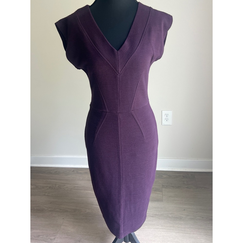 Closet London Purple Ribbed Bodycon V-Neck Cap Sleeve Sheath Dress US 6 Chic Mod